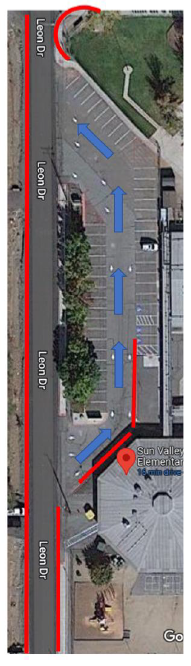 Image indicates no parking zones, including the south west corner of the school property in front of the playground, along the west shoulder of Leon Drive across the street from the parking lot, nor on the corners of Fifth and Leon and Woods and Leon.